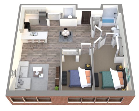 A 3D floor plan of a small apartment with a living room, kitchen, and bedrooms.
